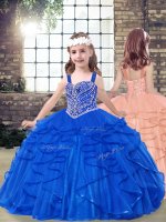 Low Price Royal Blue Tulle Lace Up Straps Sleeveless Floor Length Evening Gowns Beading and Ruffles