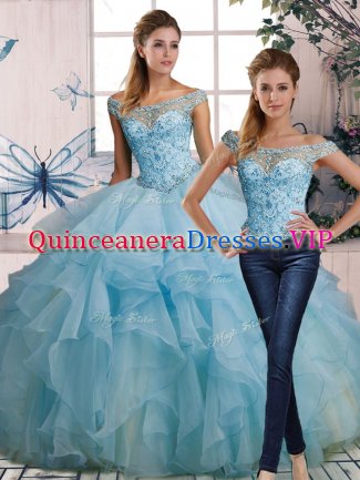 Custom Designed Light Blue Sleeveless Beading and Ruffles Floor Length Sweet 16 Dresses