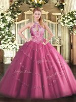 Ball Gowns Sweet 16 Dress Hot Pink Halter Top Tulle Sleeveless Floor Length Lace Up