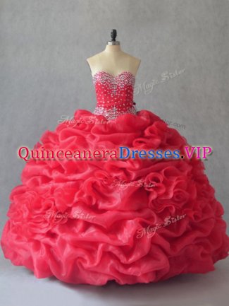 Fitting Coral Red Ball Gowns Beading and Pick Ups Vestidos de Quinceanera Lace Up Sleeveless Floor Length