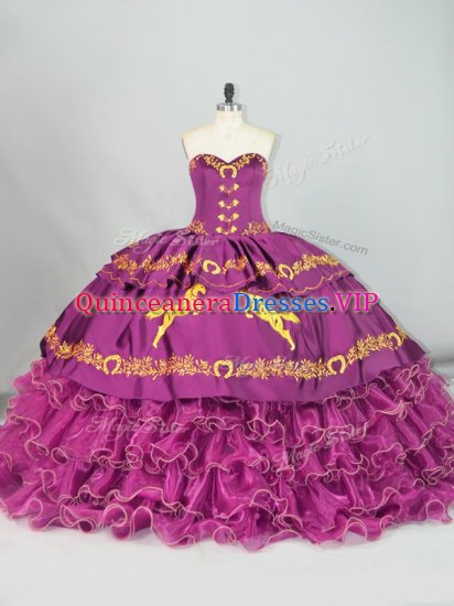 Clearance Purple Sleeveless Satin and Organza Brush Train Lace Up Sweet 16 Dresses for Sweet 16 and Quinceanera - Click Image to Close