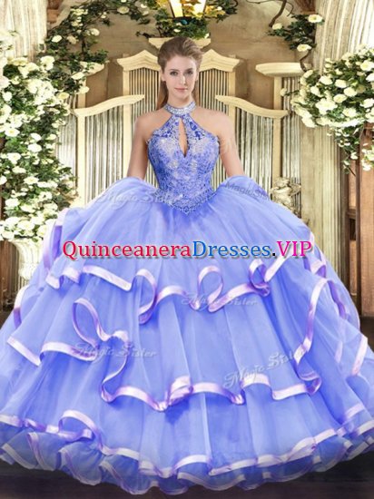 Stunning Lavender Ball Gowns Halter Top Sleeveless Organza Floor Length Lace Up Beading Sweet 16 Dresses - Click Image to Close
