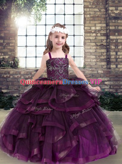 Beading and Ruffles Pageant Dress Womens Eggplant Purple Lace Up Sleeveless Floor Length - Click Image to Close