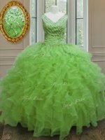 Ideal Sleeveless Floor Length Beading and Ruffles Zipper 15th Birthday Dress with