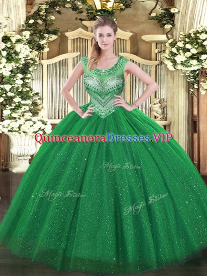 Romantic Ball Gowns Vestidos de Quinceanera Dark Green Scoop Tulle Sleeveless Floor Length Lace Up - Click Image to Close