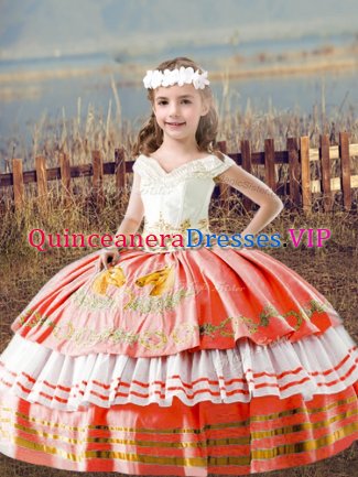 Off The Shoulder Sleeveless Lace Up Little Girl Pageant Dress Orange Red Satin