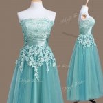 Tea Length Light Blue Vestidos de Damas Strapless Sleeveless Lace Up(SKU SWBD136-4BIZ)