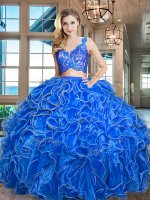 Blue Zipper Quinceanera Gown Lace and Ruffles Sleeveless Asymmetrical(SKU SXQD030-1BIZ)