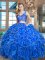 Blue Zipper Quinceanera Gown Lace and Ruffles Sleeveless Asymmetrical