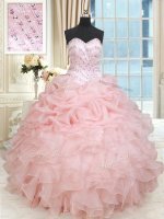 Simple Organza Sweetheart Sleeveless Lace Up Beading and Ruffles and Pick Ups Vestidos de Quinceanera in Baby Pink
