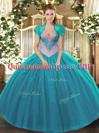 Stylish Sweetheart Sleeveless 15 Quinceanera Dress Floor Length Beading Aqua Blue Tulle