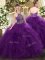 Purple Lace Up Halter Top Beading and Ruffles Quince Ball Gowns Tulle Sleeveless