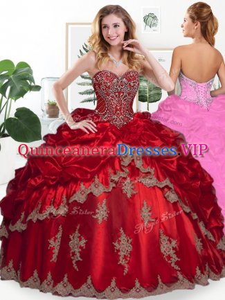 High Quality Wine Red Ball Gowns Sweetheart Sleeveless Organza Floor Length Lace Up Beading and Appliques and Pick Ups Quinceanera Dress