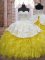 High Quality Yellow And White Lace Up Sweet 16 Quinceanera Dress Beading and Appliques and Ruffles Sleeveless Brush Train