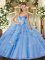 Beauteous Beading and Ruffles 15th Birthday Dress Blue Lace Up Sleeveless Floor Length
