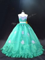 Sleeveless Organza Zipper 15 Quinceanera Dress in Turquoise with Appliques(SKU PSSW1069-1BIZ)