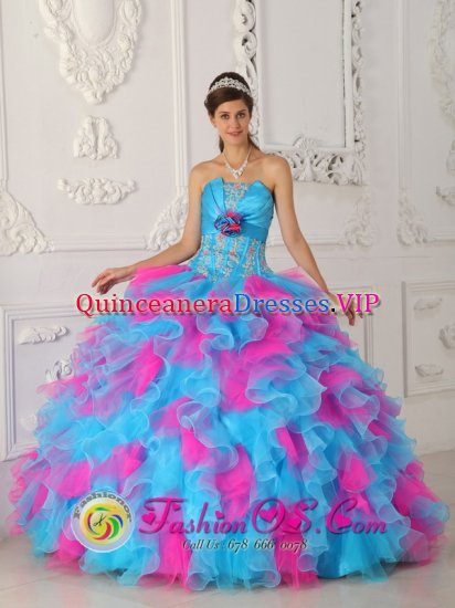 Badajoz Spain Strapless Multi-color Appliques Decorate Quinceanera Dress With ruffles - Click Image to Close