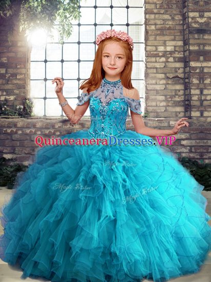 Enchanting Aqua Blue Ball Gowns Tulle Halter Top Sleeveless Beading and Ruffles Floor Length Lace Up Little Girls Pageant Dress Wholesale - Click Image to Close