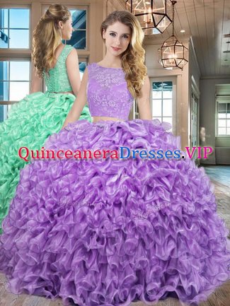 Pretty Floor Length Two Pieces Sleeveless Lavender Sweet 16 Dresses Lace Up
