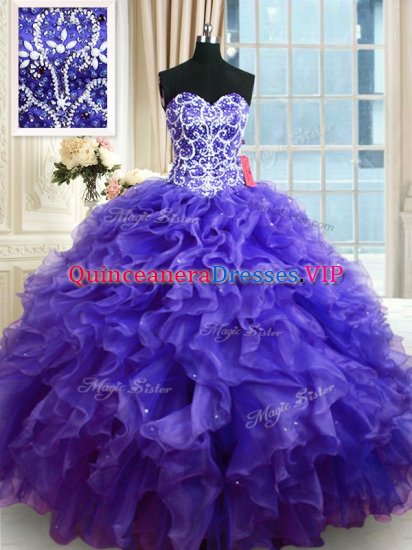 Deluxe Purple Organza Lace Up 15th Birthday Dress Sleeveless Floor Length Beading and Ruffles - Click Image to Close