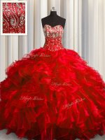 Red Ball Gowns Organza Sweetheart Sleeveless Beading and Ruffles With Train Lace Up Quinceanera Gowns Brush Train