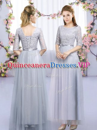 Grey Empire Scoop Half Sleeves Tulle Floor Length Lace Up Lace and Belt Court Dresses for Sweet 16