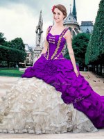 Pick Ups Straps Sleeveless Brush Train Lace Up 15 Quinceanera Dress White And Purple Organza and Taffeta(SKU SJQDDT858002-2BIZ)