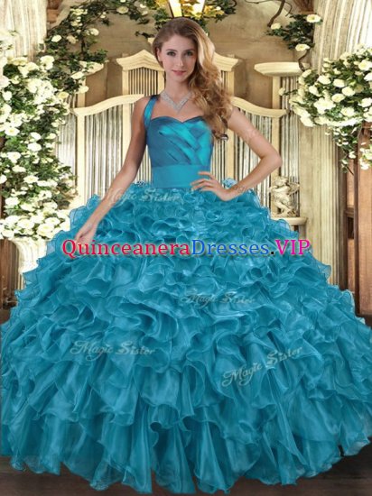 Teal Sleeveless Organza Lace Up 15th Birthday Dress for Military Ball and Sweet 16 and Quinceanera - Click Image to Close