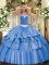 Sleeveless Organza and Taffeta Floor Length Lace Up Ball Gown Prom Dress in Blue with Appliques and Ruffled Layers