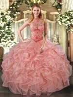 Super Peach Lace Up Quinceanera Dress Beading and Embroidery and Ruffles Sleeveless Floor Length