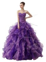 Organza Sweetheart Sleeveless Lace Up Beading and Ruffles and Ruching Quince Ball Gowns in Purple