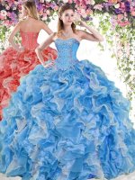 Gorgeous Blue And White Ball Gowns Beading and Ruffles Sweet 16 Quinceanera Dress Lace Up Organza Sleeveless Floor Length