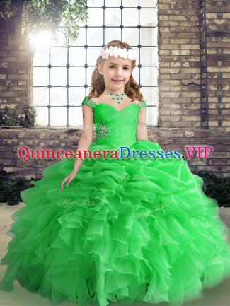Green Ball Gowns Beading and Ruffles Child Pageant Dress Lace Up Organza Sleeveless Floor Length