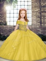 Lovely Yellow Lace Up Custom Made Pageant Dress Beading Sleeveless Floor Length