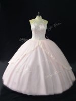 Simple Pink Lace Up Quince Ball Gowns Beading and Appliques Sleeveless Floor Length