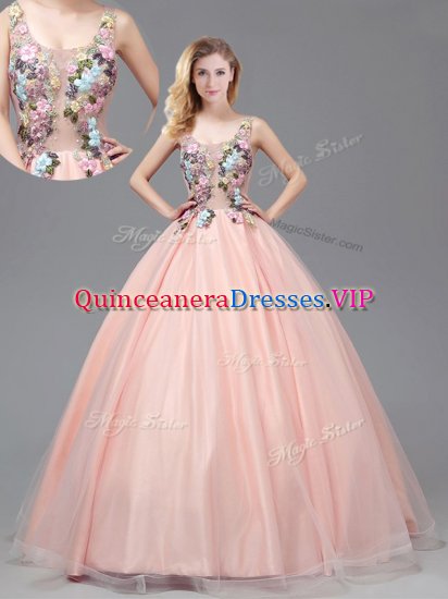 Wonderful See Through Baby Pink Straps Neckline Appliques Sweet 16 Dress Sleeveless Criss Cross - Click Image to Close