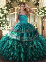 Clearance Turquoise Halter Top Neckline Embroidery and Ruffles Ball Gown Prom Dress Sleeveless Lace Up