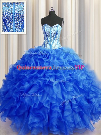 Visible Boning Beaded Bodice Royal Blue Vestidos de Quinceanera Military Ball and Sweet 16 and Quinceanera with Beading and Ruffles Sweetheart Sleeveless Lace Up - Click Image to Close