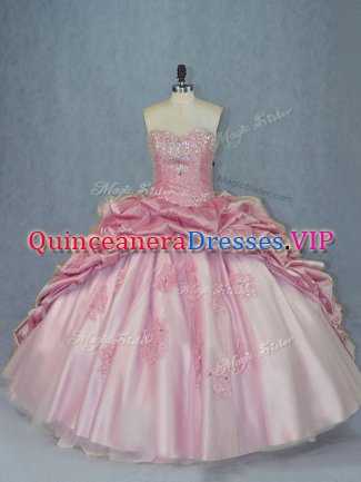 Vintage Pink Ball Gowns Tulle Sweetheart Sleeveless Beading and Appliques and Pick Ups Lace Up 15th Birthday Dress Brush Train