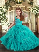 New Style Aqua Blue Ball Gowns Ruffles Pageant Dress for Womens Lace Up Tulle Sleeveless Floor Length(SKU PAG1114-1BIZ)
