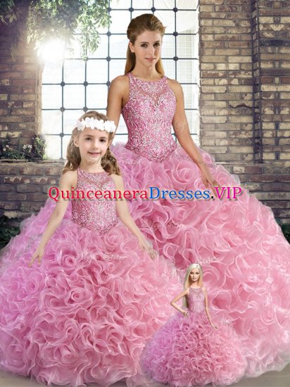 Rose Pink Sleeveless Floor Length Beading Lace Up 15th Birthday Dress - Click Image to Close