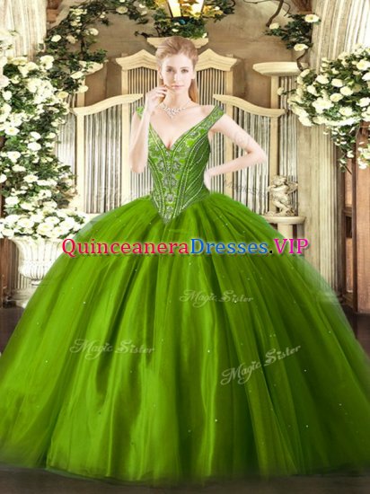 Fashionable V-neck Sleeveless 15th Birthday Dress Floor Length Beading Green Tulle - Click Image to Close