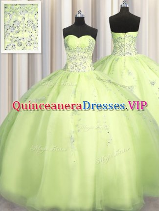 Custom Made Big Puffy Sleeveless Floor Length Beading and Appliques Zipper Party Dress with Yellow Green