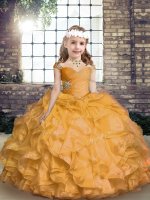 High End Gold Straps Lace Up Beading and Ruffles Little Girls Pageant Dress Wholesale Sleeveless