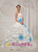 Beautiful One Shoulder Neckline White Flowers Decorate Quinceanera Dress With ruffles in Beverly Hills CA