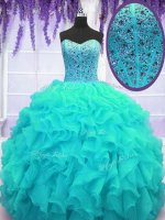 Aqua Blue Organza Lace Up 15th Birthday Dress Sleeveless Floor Length Beading and Ruffles(SKU PSSW0103-5BIZ)