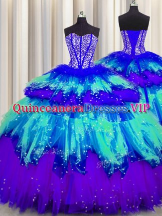 Custom Made Bling-bling Visible Boning Ball Gowns Sweet 16 Dress Multi-color Sweetheart Tulle Sleeveless Floor Length Lace Up
