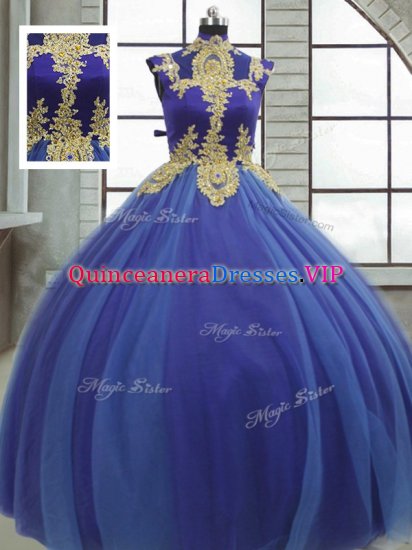 Stylish High-neck Sleeveless Sweet 16 Dress Floor Length Appliques Royal Blue Tulle - Click Image to Close