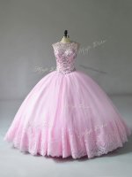 Pretty Baby Pink Tulle Lace Up Scoop Sleeveless Floor Length Vestidos de Quinceanera Beading and Appliques(SKU PSSW0905BIZ)