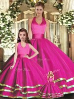 Custom Fit Fuchsia Ball Gowns Organza Halter Top Sleeveless Ruffled Layers Lace Up 15 Quinceanera Dress